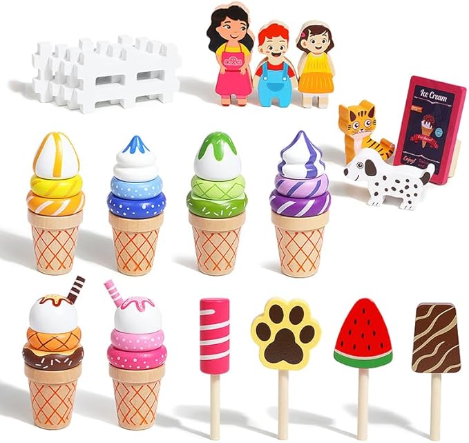 Wooden Ice Cream Shop Toy Set with Handbag, 39 Pcs Pretend Play Food & Ice Cream Toys for Toddlers 3-5 Birthday Gift , Montessori Learning Educational Toys Color Sorting, Play Kitchen Accessories