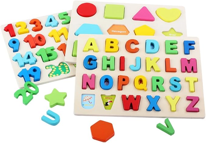 QZMTOY Wooden Puzzles for Toddlers, Wooden Alphabet Number Shape Puzzles Toddler Learning Puzzle Toys for Kids, 3 in 1 Puzzle for Toddlers, Age 3+ (Set of 3)