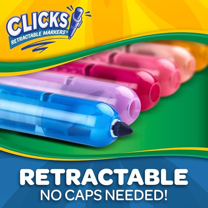 Crayola Clicks Retractable Tip Marker Set for Kids (10ct), Teacher Supplies, Long Lasting Markers For School, No Dry, Coloring Book Essentials, 6+