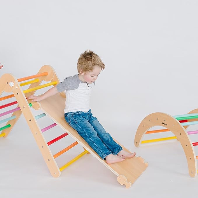 Asweets 4 in 1 Pikler Triangle Gym, Montessori Foldable Climber with Ramp, Indoor Climbing Toys for Kids, Climbing Triangle for Toddlers Arch Climber, Rocker, Learning Waldorf Children Toy, Rainbow