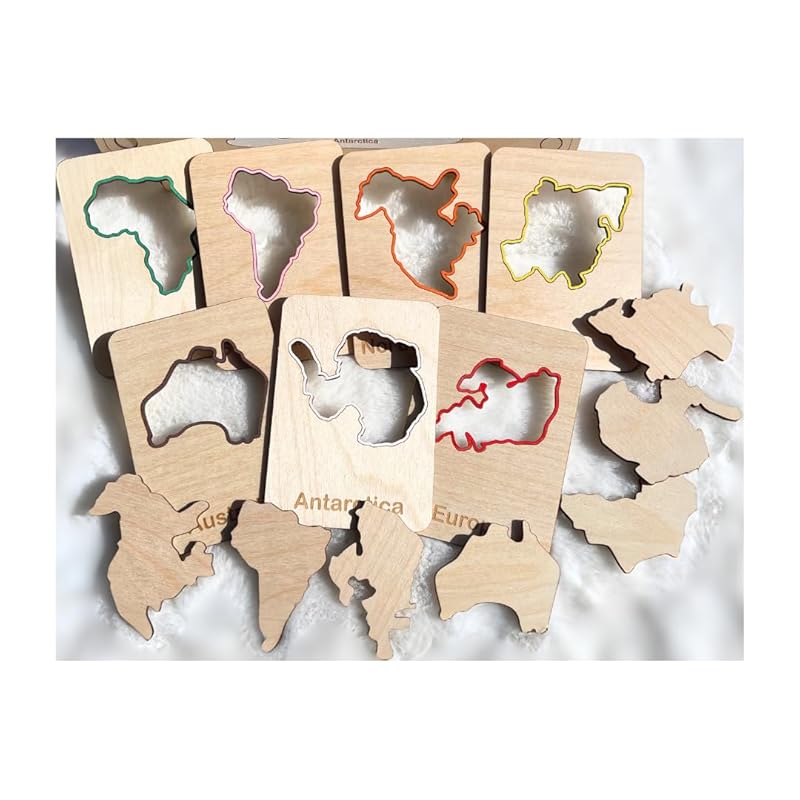Handcrafted Wooden Continent Stencils – Montessori Geography Learning Tool, World Map Outline Stencil Set for Kids