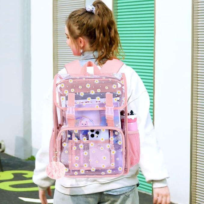 17" Daisy Clear Backpack for Girls - 3Pcs Flip Design Stadium Approved Set, Gym/Concert Transparent Bookbag (Pink)