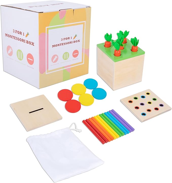 Wooden Montessori Toys for 1 2 3 Year Old Baby Gifts,Play Kit Box Includes Carrot Harvest Games, Montessori Coin Box for 6-12 Months and Fine Motor Skills Toys for 1 Year Old (3-in-1)