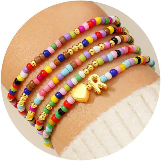 M MOOHAM 5PCS Colorful Beaded Initial Bracelets for Girls Women - Cute Stretch Heart Letter Beaded Bracelet Bohemian Initial Stackable Bracelet Birthday Gift Jewelry for Kids Teen Girl