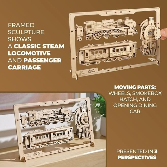 UGEARS 2.5D Framed Steam Express - Classic Train Wood Model Kit with Movable Wheels, Mechanisms & Doors – Steam Train Wooden Puzzle Model Kits for Adults - Home and Office Decor