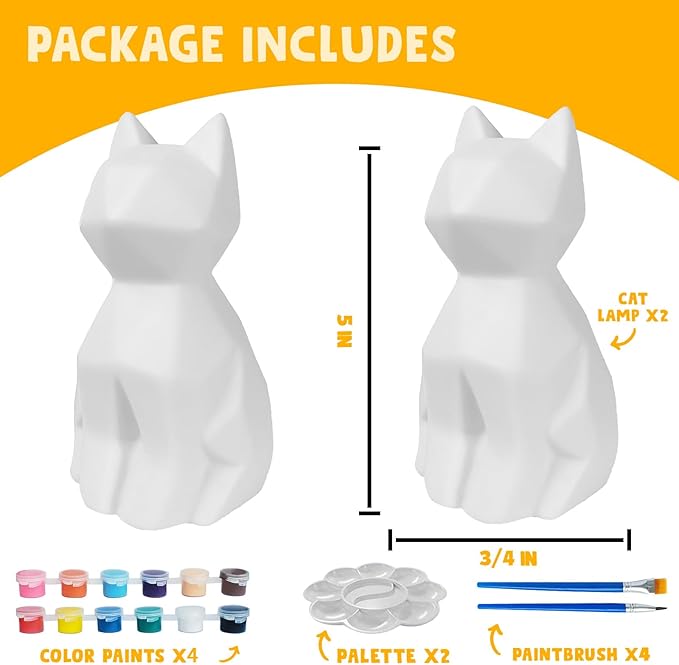 Goodyking Paint Your Own Cat Lamp Kit, 2pcs DIY Cat Crafts Night Light, Arts & Crafts for Kids Ages 8-12, Painting Kit for Girls Boys Age 4 5 6 7 8+, Art Supplies Creative Gift for Birthday, Party