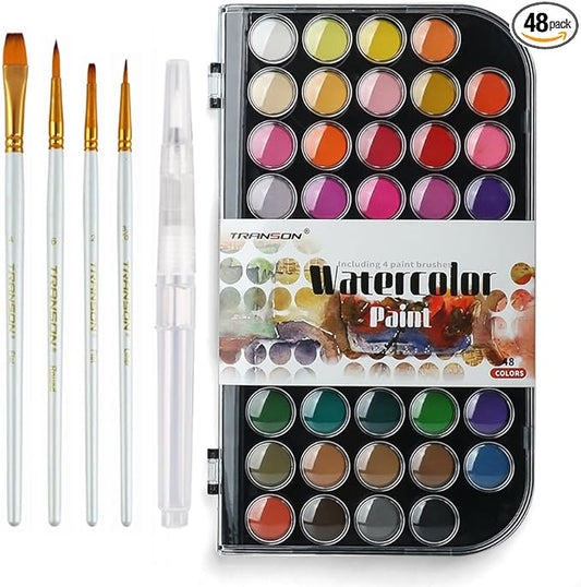TRANSON 48 Colors Watercolor Paint Set with 4pcs Paint Brushes and 1pcs Water Brush Pen for Adults, Students, Beginners and Artists