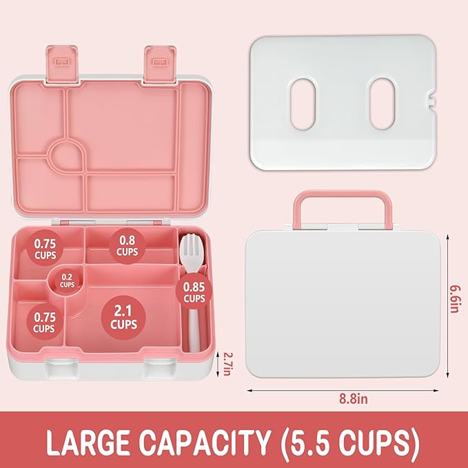 Kids Bento Lunch Box with Ice Pack, 5 Compartments Leak-Proof Bento Box with Utensils, 5.5-Cup Capacity for Adults & Ages 8+, BPA Free, Microwave & Dishwasher Safe, Pink