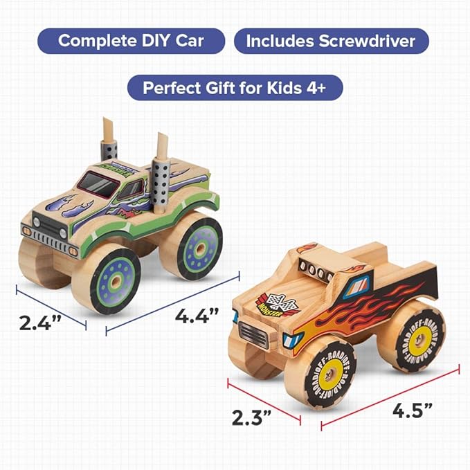 Little Jupiter DIY Wooden Kits w/Stickers - Kids Building Kit - Stem Toys for Ages 4-7 - Wood Crafts for Kids - Woodworking Kits (Monster Truck 1 & 2)
