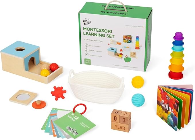 Montessori Toys for Babies 7-12 Months - 6-in-1 Baby Learning Set w/Object Permanence Box, Color Book, Milestone Blocks & More - Educational Toys for Fine Motor & Cognitive Development