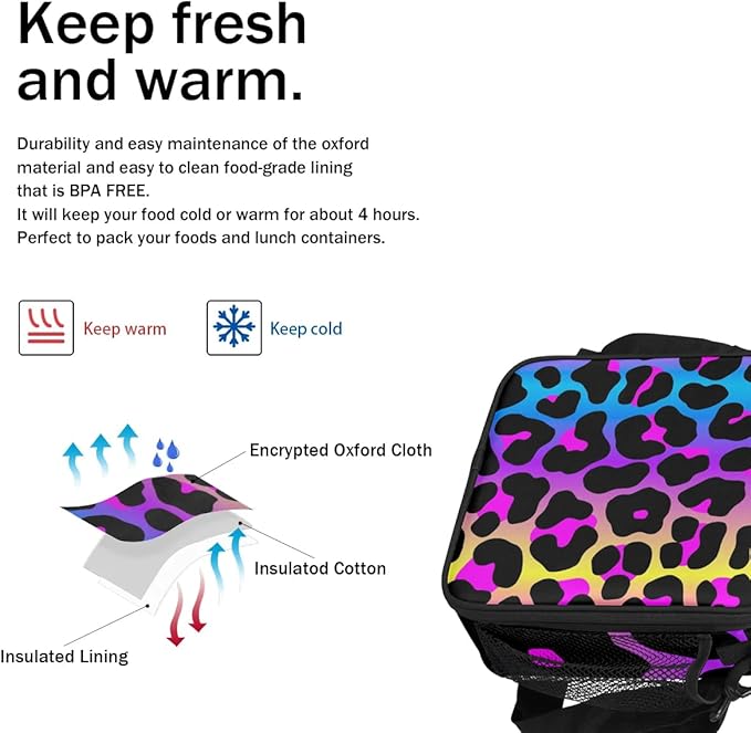 Rainbow Leopard Lunch Bags with Shoulder Strap Cheetah Print Insulated Lunch Boxes for Kid Girls Women Waterproof Thermal Cooler Tote Bag Portable Picnic Bag for School Work Outdoor Gifts