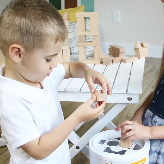 Pidoko Kids Wooden Blocks - 100 Pcs - Building Blocks for Toddlers - Includes Storage Container with Shape Sorter Lid - Natural Beech Wood Blocks - Preschool Learning Toys Stacking Block