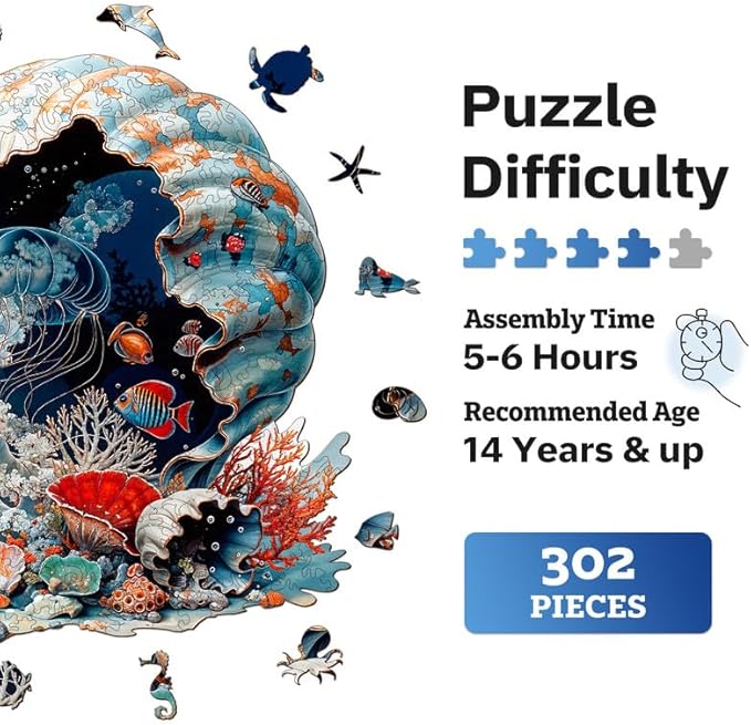 Jigfoxy Wooden Puzzles for Adults, Seashell Wood Puzzles Adult, Unique Animal Shape Wooden Jigsaw Puzzles for Adults, Birthday Gifts for Puzzle Lovers, Family(L-13.4 * 13.4in-320pcs)
