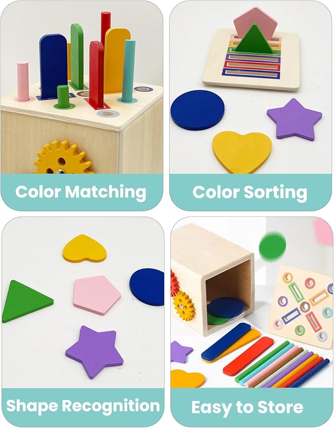 Wooden Sorting Toys Montessori Color & Shape Sorter Preschool Learning Activities Fine Motor Skills Sensory Toys for Toddlers 2-5 Birthday Gifts for Boys and Girls (Colorful-Cuboid)