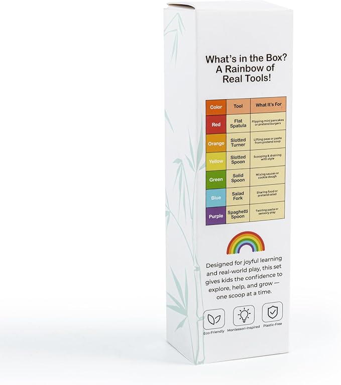 Rainbow Bamboo Kitchen Utensil Set for Kids – Montessori-Inspired 6-Piece Real Cooking Tools | Ages 2+ | Natural Bamboo | Color-Coded | Thoughtful Gift for Toddlers & Preschoolers