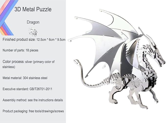 3D Metal Model Kits, Mechanical Fire Breathing Dragon 3D Metal Puzzle,Steel Warcraft Collection DIY Animal Brain Teasers Simple 3D Puzzles Home Decor Art Craft Gifts Toys for Adult