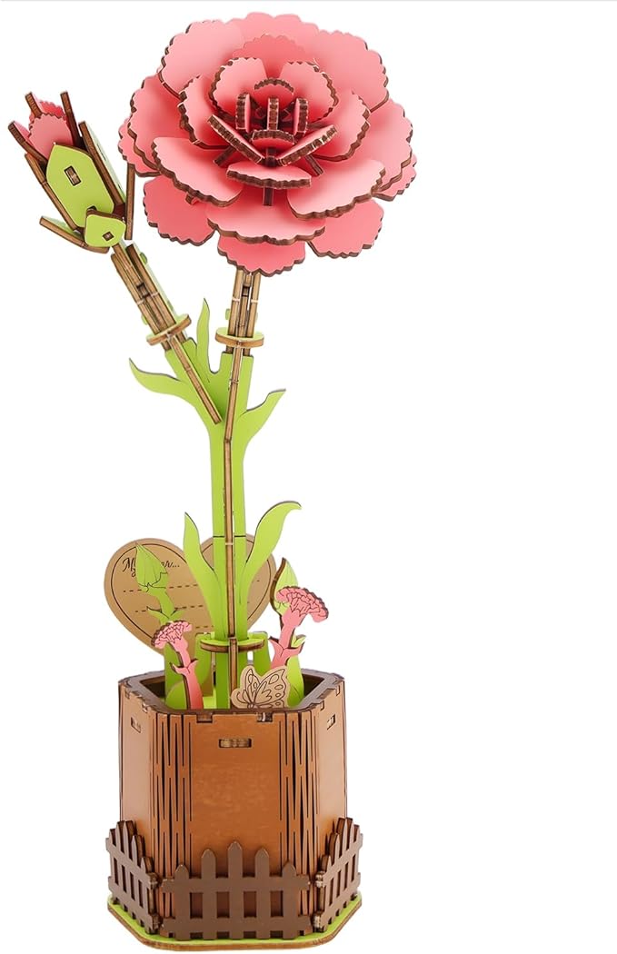 3D Carnation Wooden Puzzles for Adults, DIY Carnation Wooden Flower Craft Kit, Mother's Day Valentine's Day, Home Decor Gift for Women/Men .(3.81 * 3.19 * 8.86in 90PCS)