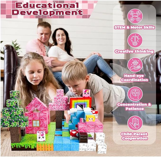 150PCS Magnetic Building Blocks for Kids - Unicorn Princess Pixel Magnetic Blocks 0.8in, Grassland Mine World Magnet Cubes Toys, STEM Sensory Toys for 3 4 9 10 Year Old Girl Christmas Birthday Gifts