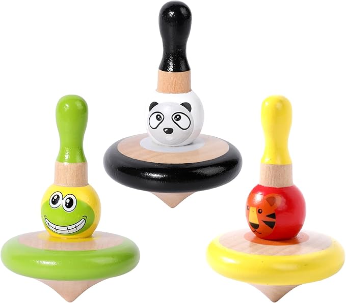 WODI 3PCS Wooden Spinning Tops - Adorable Animal Gyroscope Toys for Toddlers, Safe & Fun Montessori Educational Gift, Fidget Spinner for Kids/Toddlers (#2)