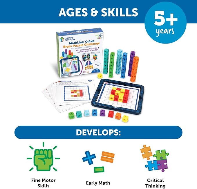 Learning Resources MathLink® Cubes Brain Puzzle Challenge, 80 Pieces, Ages 5+, Linking Cubes, Connecting Cubes, Math Manipulative, Counting Cube