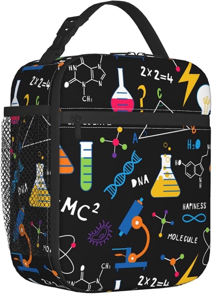 Science Chemistry Biology Physics Pattern Reusable Lunch Box Food Bag Insulated Lunch Bag for Teenage Boys Girls School Beach