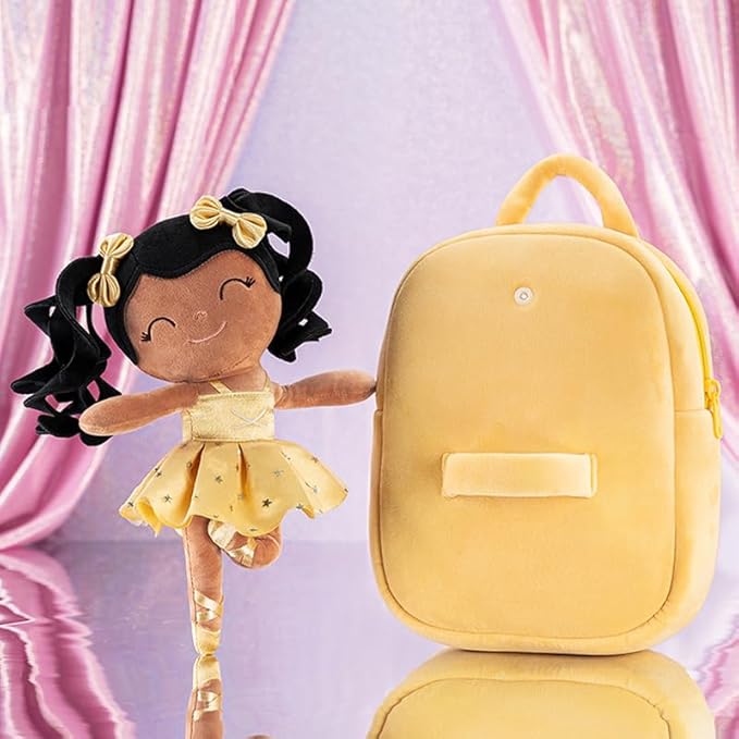 Gloveleya Toddler Backpack Baby Ballerina Girl Gifts Plush Curly Hair Ballet Backpack - Black Blonde 9 inches