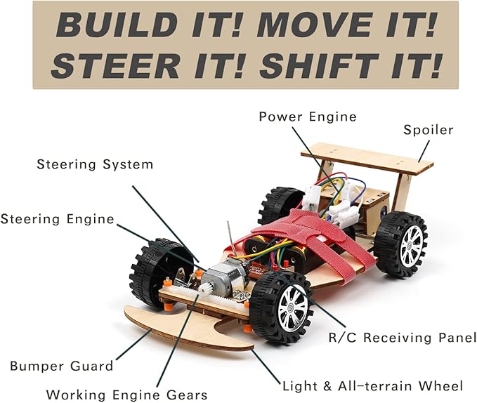 Wooden 2.4Ghz Wireless Remote Control Racing Car Kit F1 - Science Project for for Kids,Students,Education,School Model Car Kit to Build Experiment (3 Pack of Red)