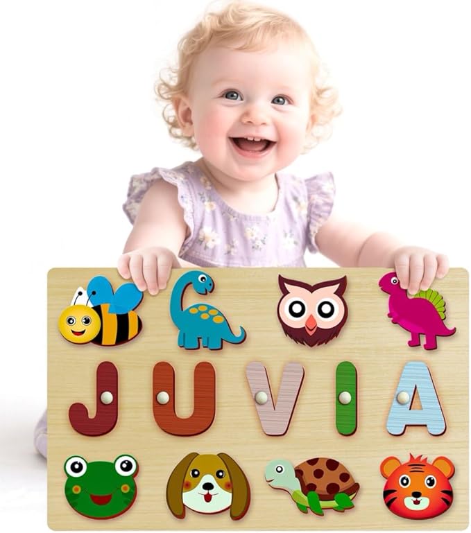 Personalized Name Puzzle for Toddlers - Custom Wooden Jigsaw Puzzles with Animals, Montessori Learning Toys, Baby Birthday Gift for 1, 2, 3 Year Old Boy or Girl (Name Puzzle-02)