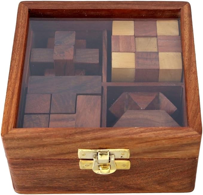 Ajuny Wooden Puzzles Box Set (4 Games) Brain Teaser for Teens & Adults, IQ Test Interlocking 3D Puzzles, Handcrafted Rustic Patio Decor, Unique Gift for Christmas and Birthdays