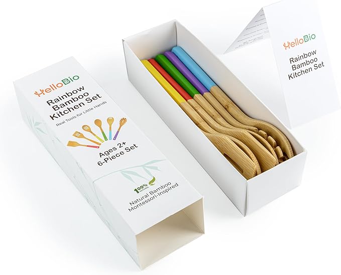Rainbow Bamboo Kitchen Utensil Set for Kids – Montessori-Inspired 6-Piece Real Cooking Tools | Ages 2+ | Natural Bamboo | Color-Coded | Thoughtful Gift for Toddlers & Preschoolers