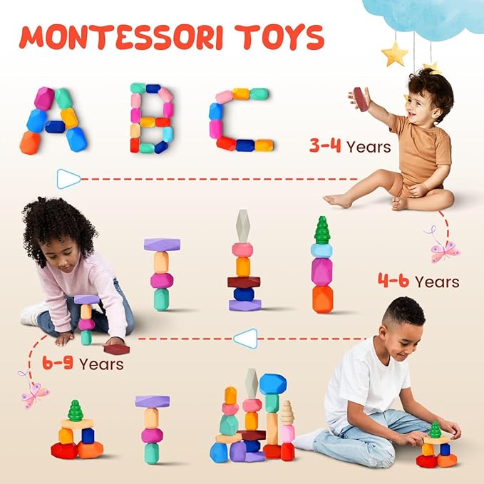 Wooden Stacking Rocks - 40 Pcs Montessori Sensory Learning Toys for Kids 3-9 | Balance Building Blocks Educational STEM Toys for Boys Girls