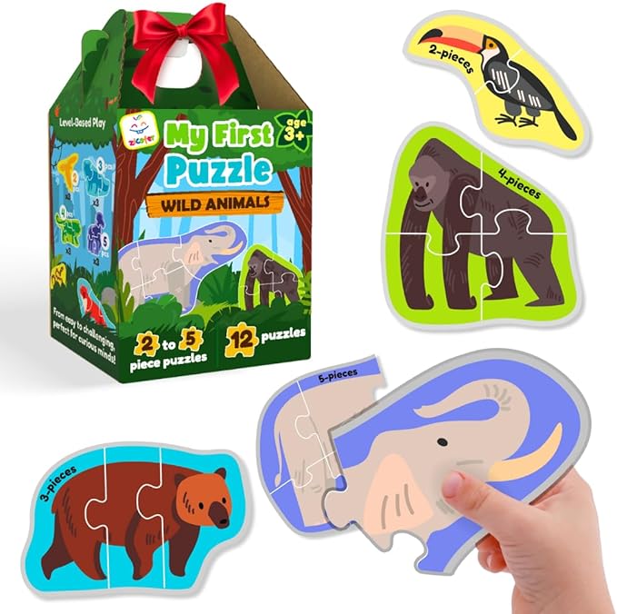 My First Puzzle Montessori Toy | 12 Graded Farm Animal Puzzles (2‑5 Piece Levels) | Montessori Puzzles for Fine Motor Skills & Early Learning | First Puzzle for Toddlers 3+ Year Old