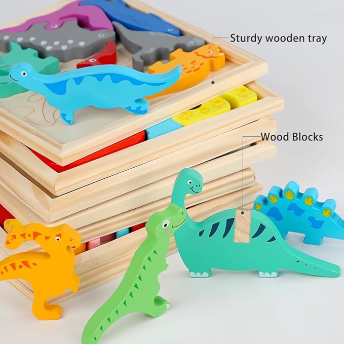 Wooden Puzzles for Kids, 4 Packs Montessori Learning Toy Gifts for Preschoolers Age 3+, 3D Multi-Theme Jigsaw Puzzles for Boys & Girls (Dinosaurs, Livestock, Food, Digital Puzzle Set)