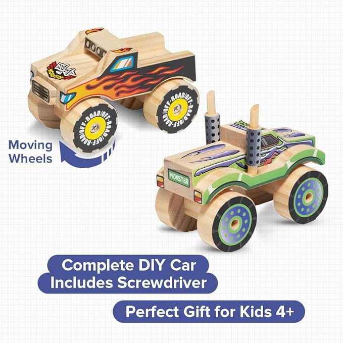 Little Jupiter DIY Wooden Kits w/Stickers - Kids Building Kit - Stem Toys for Ages 4-7 - Wood Crafts for Kids - Woodworking Kits (Monster Truck 1 & 2)