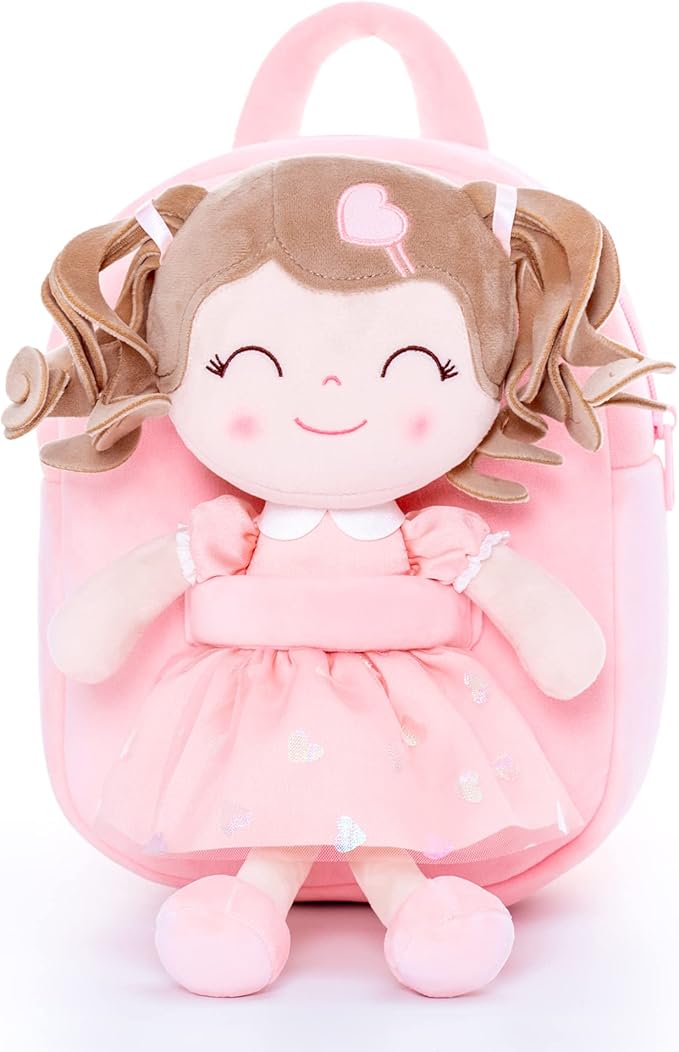 Gloveleya Toddler Backpack Baby Girl Gifts Plush Bag Diaper Bag with Spring Girls Doll Curly Hair Girl Toys with Love Pink 9 Inches