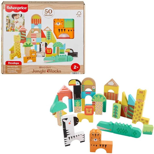 Fisher-Price Wood Toddler Toy Jungle Blocks, 50-Piece Wooden Animal Building Set for Preschool Pretend Play Kids Ages 2+ Years