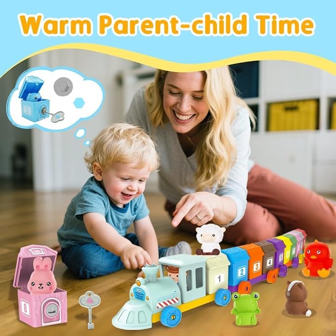 Learning Montessori Toys for Toddlers 1 2 3 Years Old, Sensory Farm Animals Train Toys with 10 Finger Puppets 1 Farmer, Counting Matching Sorting Barns with Keys, Educational Gift for Boys Girls