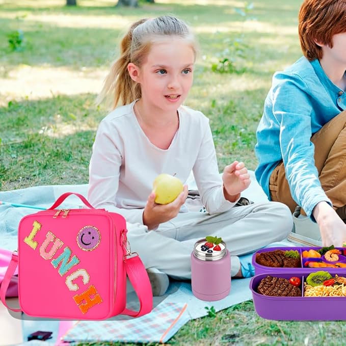 Insulated Girl Lunch Bag for Girls With Adjustable Strap, Nylon Preppy Lunch Box For Teens Kids Toddler Reusable Bag Back To School Picnic Gifts, RoseRed