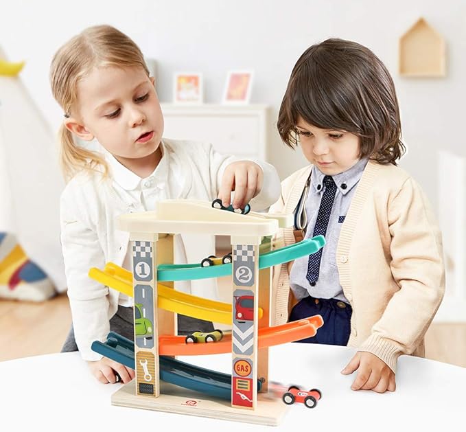 TOP Bright Toddler Wooden Race Track Car Ramp Toys for 1 2 Year Old Baby Motor Skills Race Tracks Car Ramp Vehicle Playsets with 4 Mini Cars and 1 Car Garage