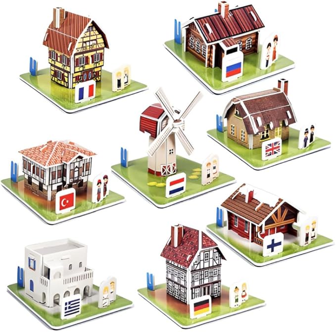 3D Puzzle Set - Traditional Houses Collection: Build 8 Country Models with Authentic Costumes, DIY Kit for Hobbyists, Creative Toy and Home Decor (Europe)