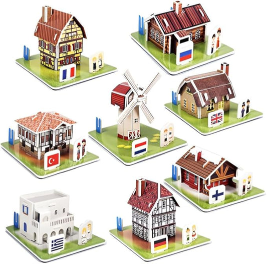 3D Puzzle Set - Traditional Houses Collection: Build 8 Country Models with Authentic Costumes, DIY Kit for Hobbyists, Creative Toy and Home Decor (Europe)