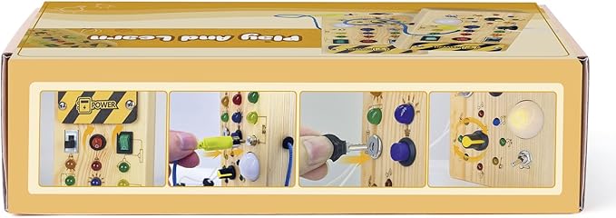 Montessori Wooden Busy Board with 8 LED Light switches, Sensory Toys Light Switch Travel Toys for 1+ Year Old Baby and Toddler