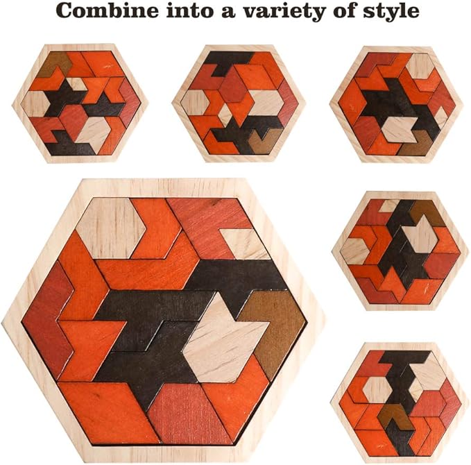 Skrtuan Wooden Puzzle Hexagon Tangram Puzzle for Kids Adults Brain Teasers Puzzles Game Challenge Toy Shape Pattern Block Tangram Family Portable Montessori Educational Gift for Kids Boys Girls