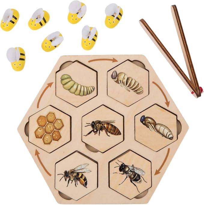 Adena Montessori Wooden Bee Life Cycle Puzzle Toy Set with Tray and Clamp, Animal Life Cycle Educational Activity for 3-6 Year Old Boys & Girls