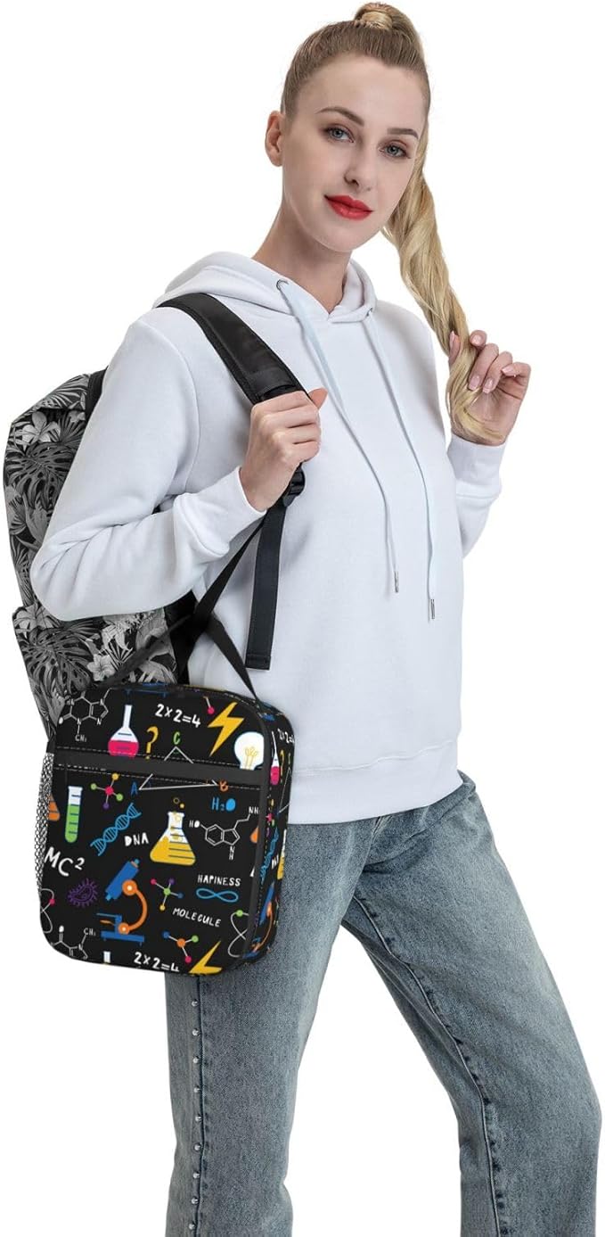 Science Chemistry Biology Physics Pattern Reusable Lunch Box Food Bag Insulated Lunch Bag for Teenage Boys Girls School Beach