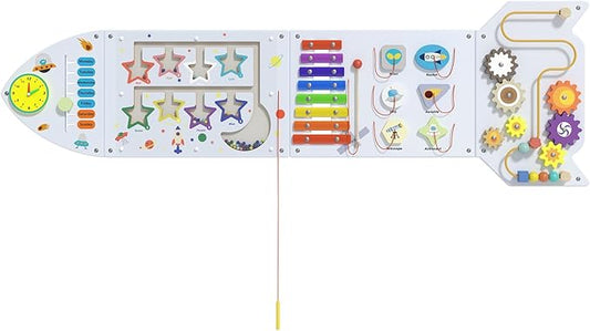 Montessori Busy Board - White Rocket Activity Wall Panels, Wall Toys for Toddlers 3+, Sensory Panels for Kids, Wooden Activity Cubes, Playroom Daycare Toys, Toddler Sensory Board (4PCS)