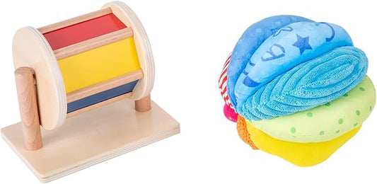 Montessori Baby Toys Play Kit Montessori Mirror Peekaboo Knob Puzzle, Medium Spinning Drum and Rainbow Fabric Ball Kit Toys for6-12Months Toddlers (Play Kit 3)