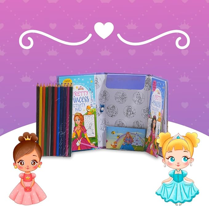 FIRSTJIGGLE First Jiggle Colouring and Sticker Princess Travel Art Kit | Includes Coloring Pad, Sticker Sheets & Color Pencils | Fun Travel Activity for Kids | Gift for Girls Ages 3-8