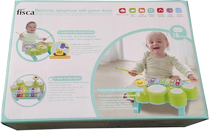 Fisca 3 in 1 Musical Instruments Toys, Electronic Piano Keyboard Xylophone Drum Set - Learning Toys with Lights for Baby & Toddler 1 2 3 Year Old Boys and Girls