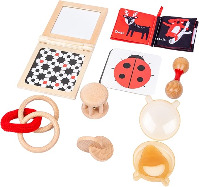 Adena Montessori Play Kit for 3-4 Months Baby,8 in 1 Wooden Learning Educational Toys for Toddler,Include Framed Mirror Book,High-Contrast Cards and More,Christmas Birthday Gift for Boys Girls